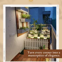 Turn every corner into a masterpiece of elegance. This small balcony is transformed into a lush green space with vertical planters and soft lighting.