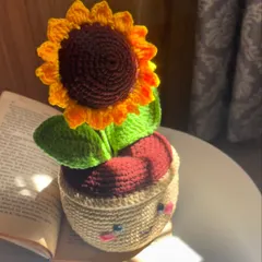 A close-up of my smiling sunflower pot, sitting next to an open book. It's the perfect little desk buddy to keep you company while you work or study.