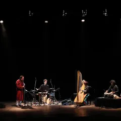A wide shot of our 'Jazz meets Kathak' ensemble on the grand stage of the Royal Opera House, Mumbai. The group included woodwinds, harp, percussion, and my tabla.