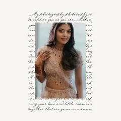 A creative portrait of Ishita from her engagement, framed by handwritten text. This stylistic choice adds a layer of personal storytelling and artistry, making the image feel like a cherished memory from a diary.