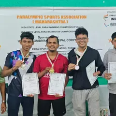 Our coach Ashish on the podium after winning gold at the 2nd Maharashtra State Para Badminton Championship. A proud moment for the entire Shuttle Whizz family.