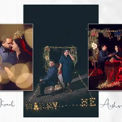 A collage telling the story of a magical proposal night. From the "Marry Me" lights on the ground to the romantic, candle-lit dinner setup, every detail is planned and captured.