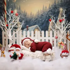 Another beautiful angle of our Christmas winter wonderland. We use a variety of props like reindeer, snowmen, and gifts to create a complete festive story.