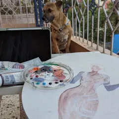 Sometimes I take my work outside to the balcony for some fresh air. My dog always keeps a watchful eye on the neighborhood while I paint.