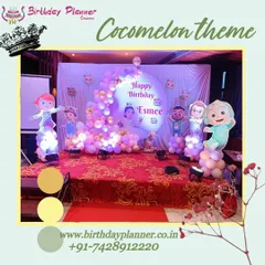 We created a fun Cocomelon stage for Esmee's birthday. The decor features all the main characters, a personalized circular backdrop, and a pastel balloon garland to match the show's color palette.