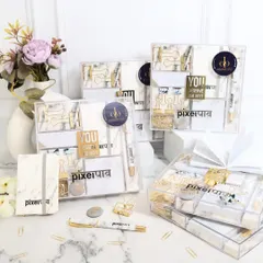 A large order of our marble-themed stationery sets, customized for the brand "PixelPaav." These acrylic boxes are perfect for corporate gifting.
