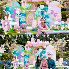 Creating the perfect photo opportunity is part of the magic. Here, the birthday girl and her family pose in front of the elaborate fairyland backdrop, a beautiful memory from a day spent in a world built just for her.