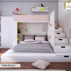 This space-saving kids' room design features a bunk bed integrated with a study area and wardrobe. The staircase to the top bunk doubles as storage drawers, making it a perfect solution for smaller rooms.
