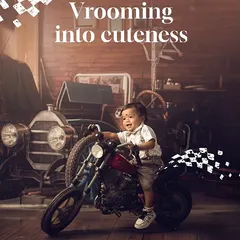 Vrooming into cuteness. Our vintage garage theme, complete with a mini motorcycle, is perfect for little adventurers with a cool sense of style.