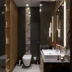A dramatic and moody bathroom design with dark, large-format tiles and strategic accent lighting. The built-in wooden shelving adds warmth and a place for storage and display.