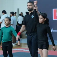 Refereeing a match between two young, talented female athletes at the AJP India tour. The future of the sport is bright.