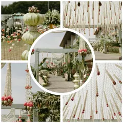 The beauty of this wedding was in the intricate floral details. We used thousands of tuberoses (rajnigandha) and lotuses to create hanging chandeliers and walkway decor, crafting a fragrant and visually stunning "Phool Mahal".