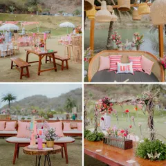 A collage of moments from our Coachella-inspired 'Sunny Sway Soirée'. This shows the variety of seating areas and detailed decor elements we designed to create a cohesive, festive vibe.