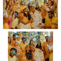 A collage showing the whole family getting in on the Haldi fun. These group shots are full of energy and show the collective joy of the celebration.