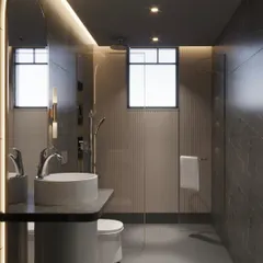 This is one of the design concepts for a bathroom in an ongoing project. We proposed a grey and beige theme, using a mix of large tiles and fluted panels to create a sophisticated and modern look.