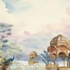 The 'Royal Rajasthan' wallpaper in full color, a vibrant, hand-painted mural inspired by the rich heritage and pastel skies of the region.
