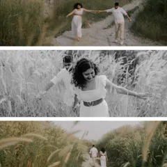 A series of moments from a walk in nature. This collage shows the dynamic and playful energy of the couple, from running freely to sharing a quiet glance.