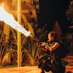 For a high-impact finale or a powerful statement piece, we bring out the fire gun. This custom prop unleashes a controlled jet of flame, creating a breathtaking moment of power and heat that captivates any audience.
