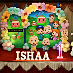 A bright and cheerful Cocomelon theme for a first birthday party. This setup includes a colorful balloon arch, a large backdrop with all the favorite Cocomelon characters, and light-up letters spelling the birthday girl's name.