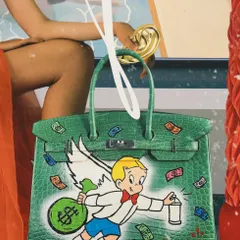 A detail from 'The Museum Heist,' focusing on a luxury handbag painted with the character Richie Rich. This element blends themes of wealth, art, and cartoon nostalgia.