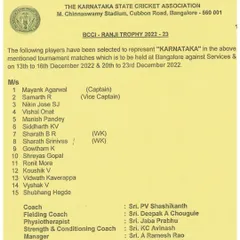 A new story begins. We congratulate our player Vishal Onat on making his Ranji Trophy debut for Karnataka. This official team list is a testament to his journey and the strength he has developed along the way.