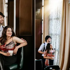 A diptych from a cafe pre-wedding shoot, capturing the couple in a relaxed and happy mood. The natural window light creates a soft and flattering look.