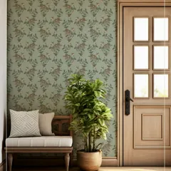 Inspired by the hand-painted art of Kalamkari, my Malkha Jaal wallpaper brings a gentle, narrative quality to this entryway. The soft green and earthy tones are characteristic of this Andhra Pradesh craft.