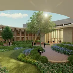 This render of the D.Y. Patil University Rural Health Training Centre illustrates our approach to healing architecture. The central courtyard is designed as a lush, green sanctuary that promotes natural ventilation and daylight, creating a serene environment essential for patient recovery and staff well-being.
