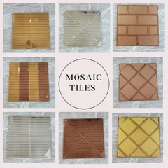 Give your walls a new look with our premium mosaic tiles. This image shows a variety of designs in gold, silver, and copper tones, perfect for backsplashes or feature walls.
