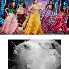A diptych showcasing two different dance performances, one with a group of young girls and another artistic black and white shot.