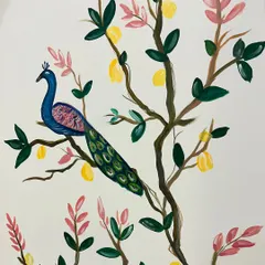 Another close-up of a peacock in the mural. The pink and green foliage complements the rich blues and greens of the bird.
