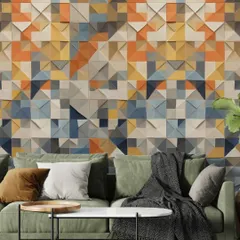 Here is how my 3D geometric peel and stick wall panels can create a stunning accent wall. This setup shows how the tiles' vibrant colors and unique texture complement contemporary furniture, instantly elevating the entire living space.