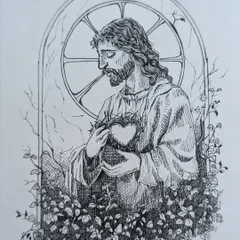 The completed ink drawing of the Sacred Heart of Jesus. I used fine cross hatching and line work to create a sense of reverence and detail in the foliage, robes, and expression.