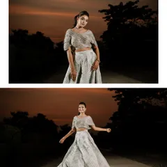 A two-panel collage showing both a full-length and a joyful, twirling shot of the bride. This captures both the elegance of the outfit and her happy spirit.