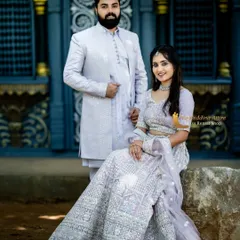 I specialize in creating coordinated looks for couples. This lavender lehenga with mirror work is perfectly matched with a custom-designed men's sherwani in the same color family. Renting a set like this ensures your outfits are perfectly synchronized for a polished look.