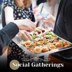 We cater to all types of social gatherings. This image of guests enjoying canapés from a platter demonstrates how we handle everything from intimate parties to large celebrations with equal care.