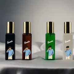 A clean, minimalist view of the customized Denver perfume set, highlighting the detail of the UV printing on each bottle.