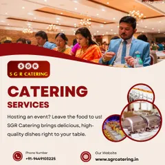 Guests enjoying a meal at a corporate event, showcasing our ability to cater to different types of gatherings. While we specialize in weddings, we bring the same high-quality food and service to any event.