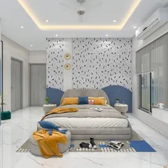 Another view of the blue and yellow kid's room, showing the ample storage and clean, modern lines. The design is practical for a growing child while maintaining a fun, contemporary aesthetic.