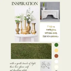 Our design process includes creating a mood board to bring the vision to life. This board shows the inspiration behind the ethereal white and gold wedding, focusing on natural textures and gentle light.