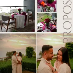 This shows how I help plan the entire event. The collage features the beautifully set dinner table on a private balcony alongside the couple's romantic portraits, showcasing the complete proposal package.