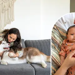 A collage capturing a mother playing with her husky on the couch and a close-up of the newborn baby, telling a story of a growing family.
