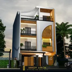 A beautifully rendered view of the modern residence in Noida Sector 26. The facade combines a clean white base with warm wooden accents and a distinctive arched feature, creating a design that is both artistic and contemporary.
