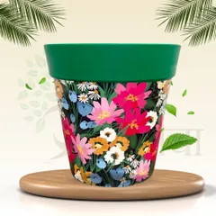 This 8-inch plastic planter is covered in a vibrant, colorful flower print. It's a cheerful and artistic pot that can instantly brighten up any room or balcony space.