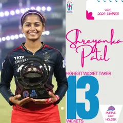 Shreyanka Patil with the WPL 2024 Purple Cap. As the highest wicket-taker with 13 wickets, she demonstrated her class and skill on one of cricket's biggest stages.