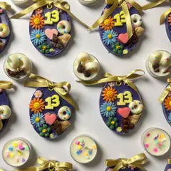 This bulk order of custom wax sachets and tea lights was for a 13th birthday party. I love creating personalized favors for special milestones.