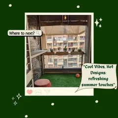 To bring life to this compact balcony, we used a combination of artificial grass for a soft footing, a small stool that can double as a side table, and simple railing planters that don't take up any floor space.