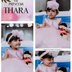 A beautiful collage from a first birthday party, designed to look like a page from a storybook. It features multiple candid shots of the birthday princess, capturing her sweet expressions and the joyful atmosphere of her special day.