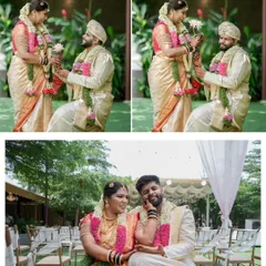 A collage of sweet moments from a wedding, including a playful flower exchange and a candid portrait of the couple.