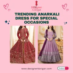 We can create stunning Anarkali dresses in a variety of rich colors and intricate patterns. Pictured here are a royal red Anarkali with detailed embroidery and a beautiful purple printed version, ideal for festive events or weddings.